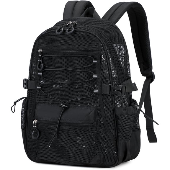 See-Through Mesh Backpack for School with 3d Foam Shoulder Straps, Lightweight, Ultra-Breathable Backpack for Beach, Swim, Gym, & Work, Black