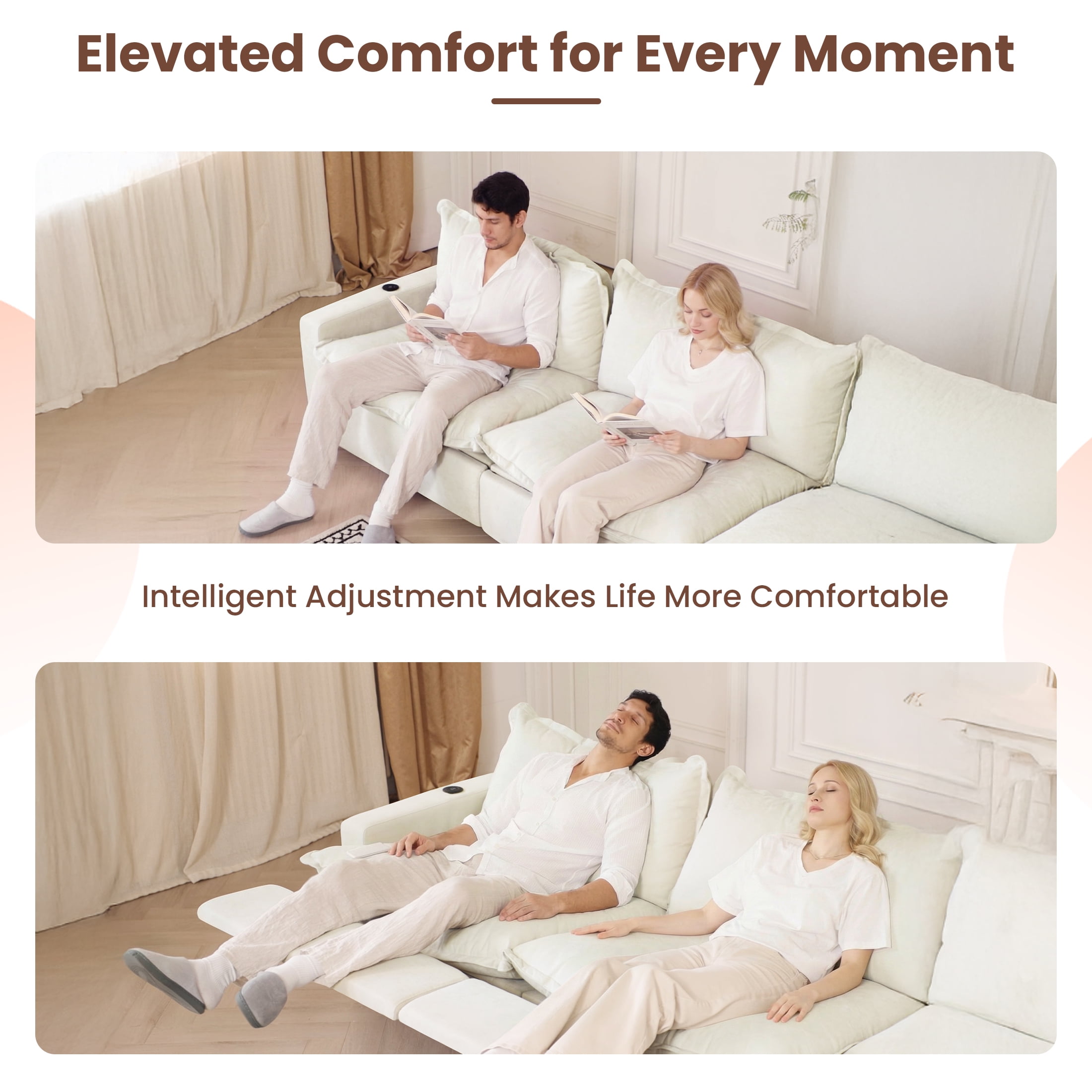 Power Recliner Sofa Couch Set, L Shape Electric Recliner Sectional Couch with Heating, USB Ports for Families and Friends, Modern Electric Recliner Sofa for Living Room Home Theater, Beige