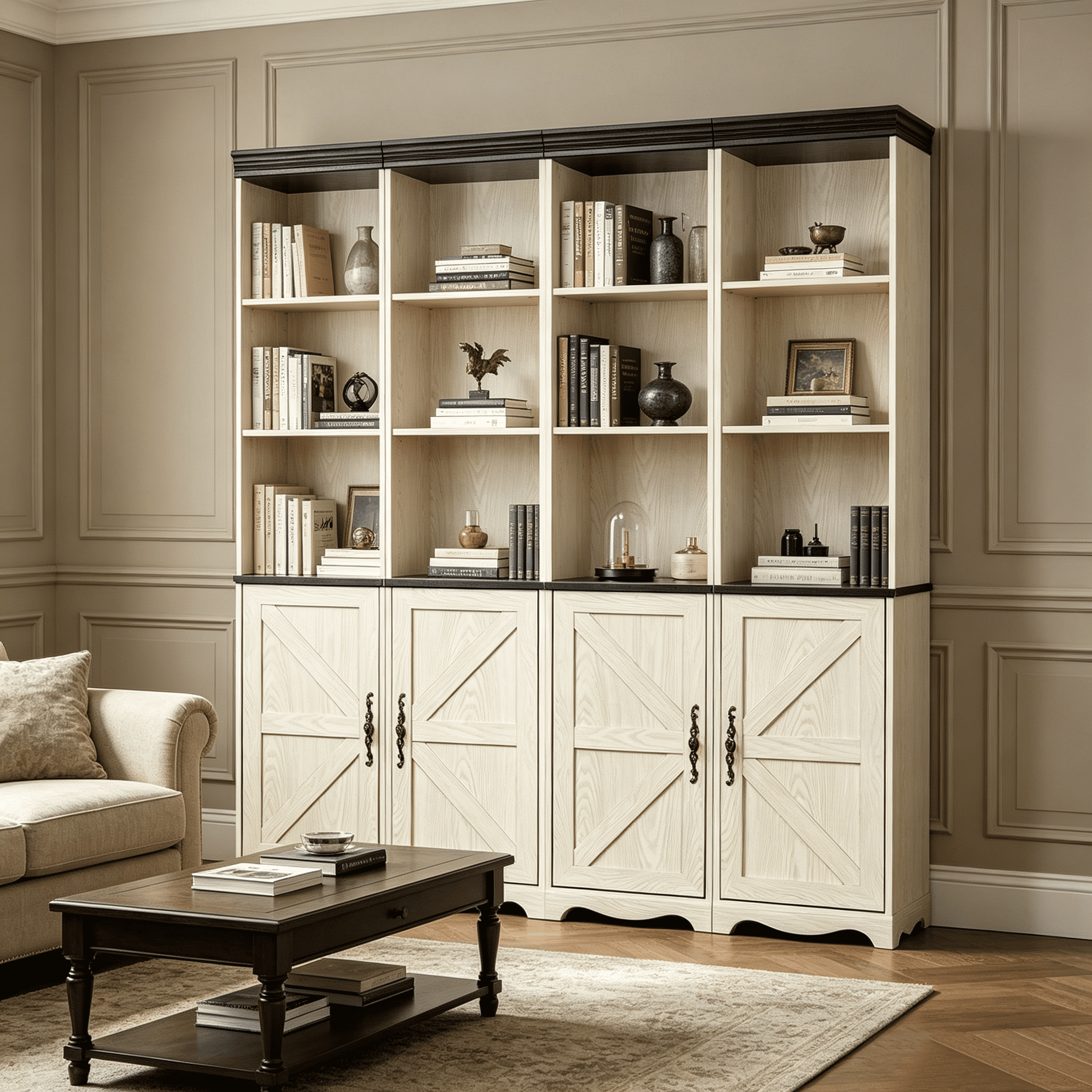 71" 4 Pcs Combined Storage Bookshelf Cabinet, 3 Tier Bookcase with Adjustable Shelf and Closed Cabinets