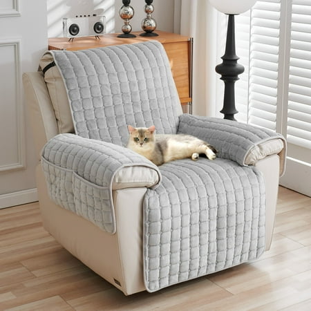 ANMINY Plush Recliner Slipcover with Side Pocket, Non-slip & 3D Tailored, Plaid Pattern Washable Chair Cover