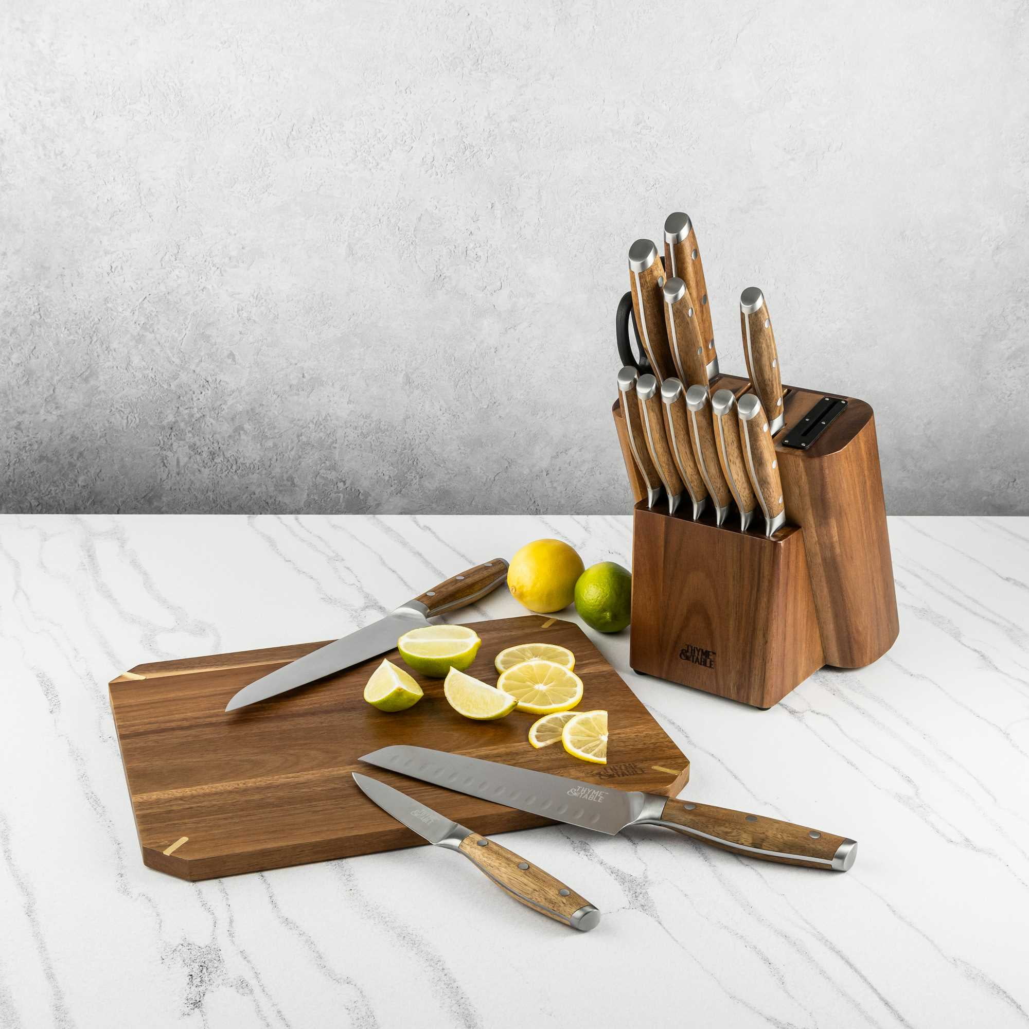 Thyme & Table 16-Piece Acacia Wood Knife Block Set with Knife Sharpener