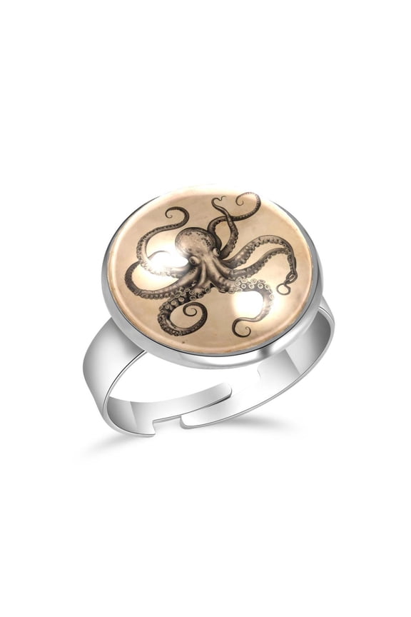 Vintage Octopus Print Stainless Steel Rings for Women, Open Adjustable Ring Promise Ring Jewelry Gifts