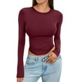 thumbnail image 6 of CCRFTGI Long Sleeve Tops for Women Trendy Cute Crop Outfits Round Neck Going Out Layering Shirt Tight Fall Spring Clothes Wine XS, 6 of 6