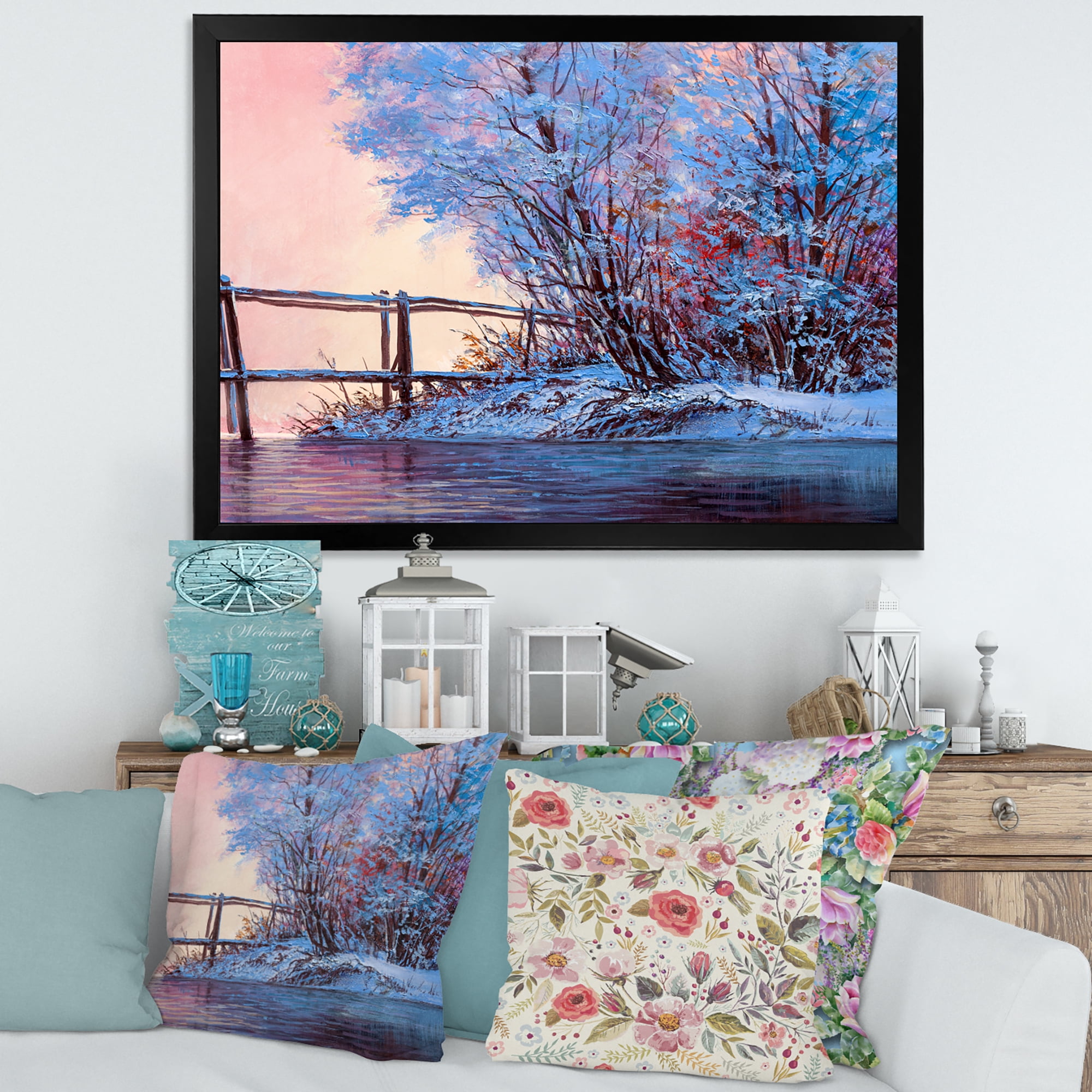 Bridge Of Meandering River With Winter Scenery I 20 in x 12 in Framed Painting Canvas Art Print, by Designart