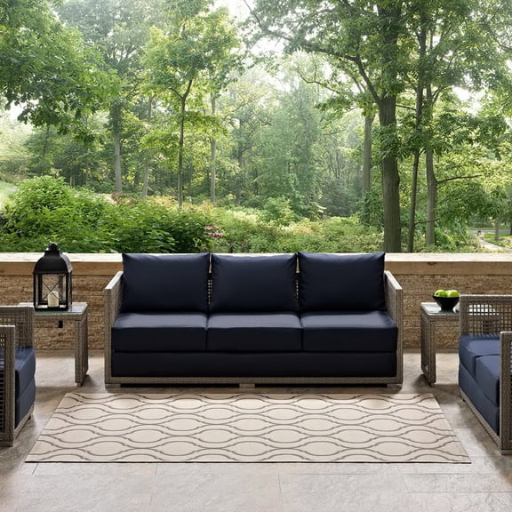 Modway Linza Wave Abstract Trellis 5x8 Indoor and Outdoor Area Rug in Beige and Gray