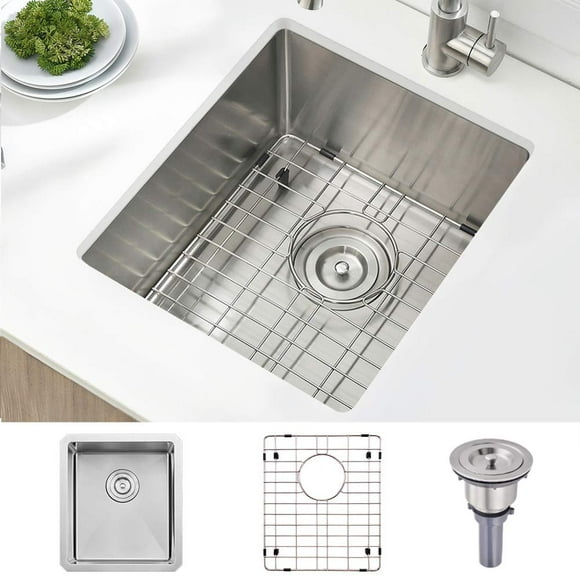 BoomHoze Stainless Steel Undermount Bar Sink, 15 x 17 Inches Small Wet Bar Undermount 16 Gauge SUS304 Brushed Nickel Single Bowl Outdoor Kitchen Sink