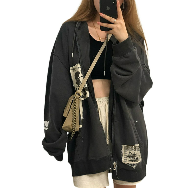 ATYUN Retro Basic Vestes Femmes Zip-Up Fashion Hip Hop Sweatshirt Y2K  Korean Long Mangers Joggers Femme Tente à Zipper-Black,L : : Mode