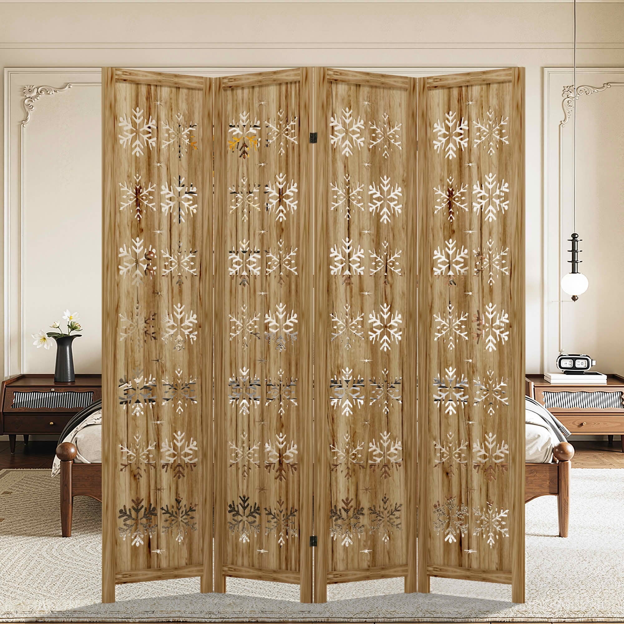 MAYEERTY 63x1x67 Inch Natural Charcoal Snowflake Wooden Folding Privacy Screen, 4 Panel Set for Home & Patio