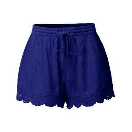 Womens Casual Elastic Waist Drawstring Lace Hem Beach Shorts Hot Solid