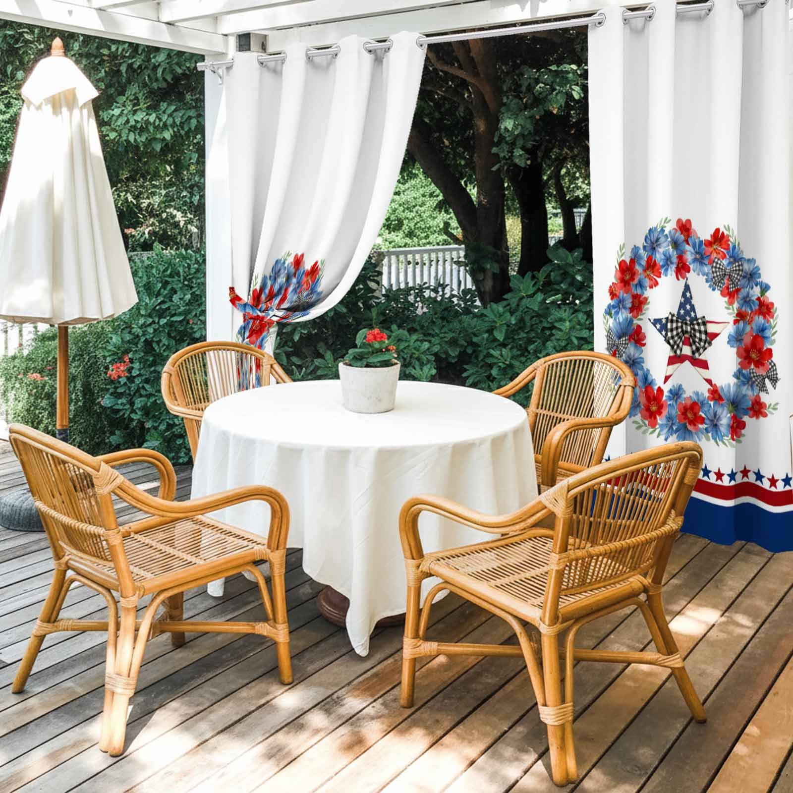Independence Day Outdoor Curtains for Patio, Red Blue Flower Plaid Bow Star Abstract Striped Sunshade Privacy Drapes Grommet Waterproof Outside Curtains for Porch/Cabana/Balcony 54"x 108", 1 Panel