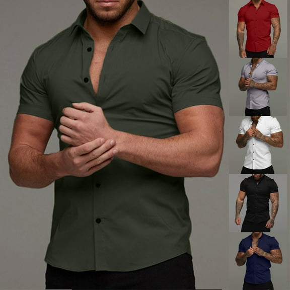 Men's Muscle Fit Shirts Wrinkle-Free Short Sleeve Casual Button Down Shirt Summer Business Shirts