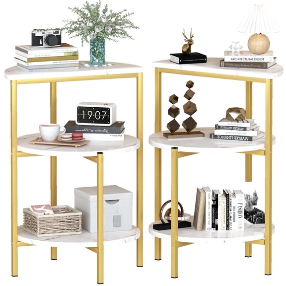 Baxluxe Round Gold Side Table with Storage Shelves, Set of 2 Faux Marble End Table, 3 Legged Accent Coffee Table Nightstand, Metal Frame Small Table, Living Room Table for Small Space, White Gold