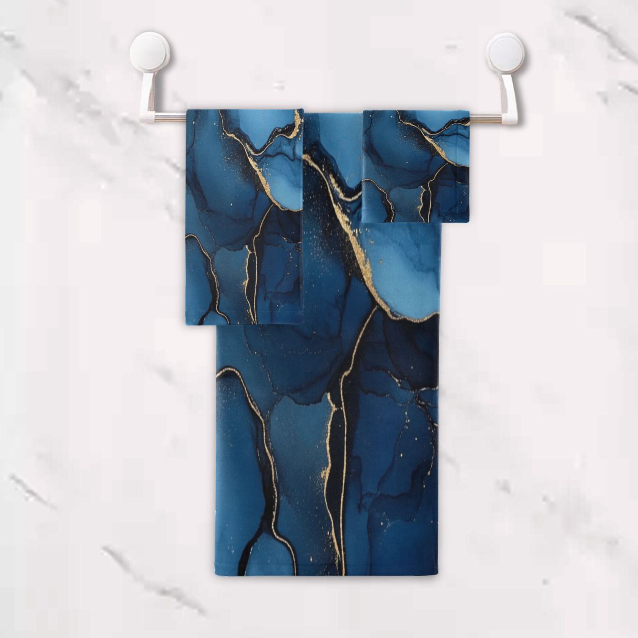 WOBOGO Navy Blue Gilt Marbles Ultra Soft 3 Pack Cotton Towel Set Includes 60 x 30in Bath Towel 28 x 16in Face Towel and 13 x 13in Small Square Towel for Everyday Use Lightweight and Compact