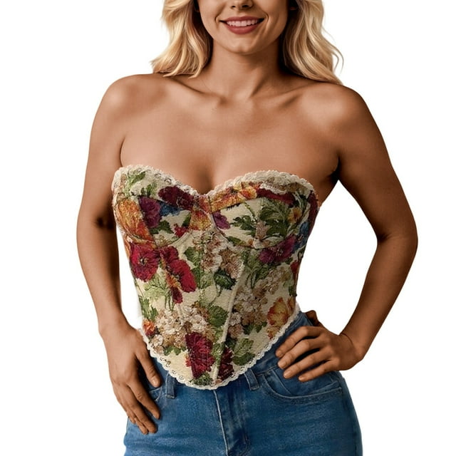 Bustier Corset Floral Français pour Femmes, Justaucorps Gainant à Lacets, Style Élégant pour Usage Quotidien