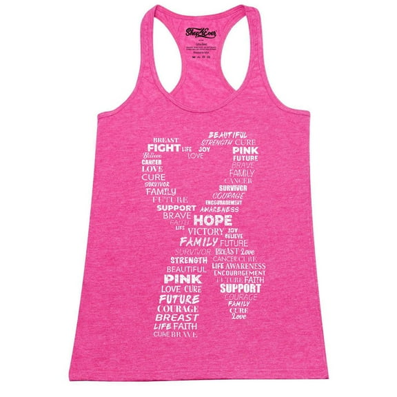 Shop4Ever Women's White Ribbon Heart Montage Cloud Breast Cancer Racerback Tank Top X-Small Fuchsia