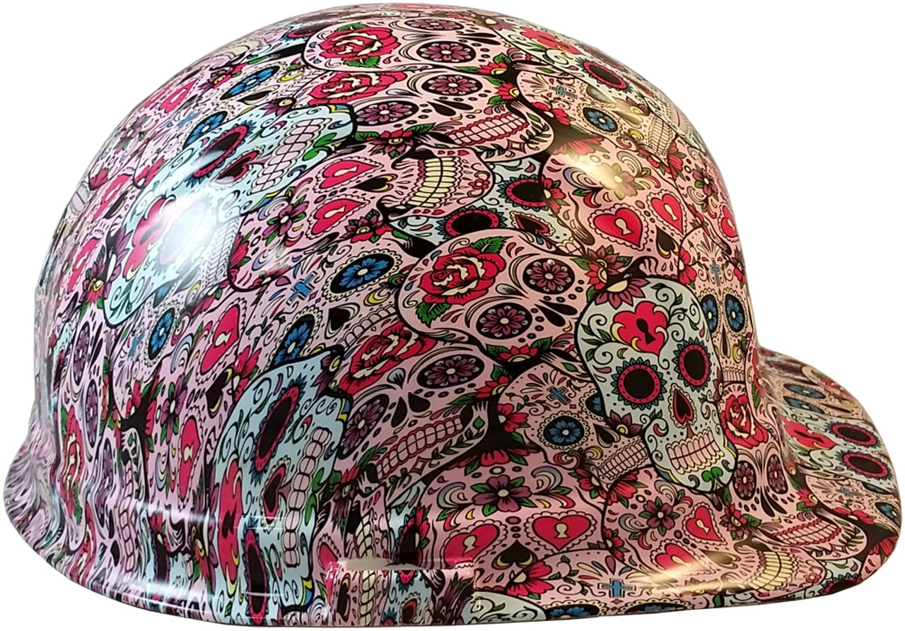 Sugar Skulls Hydro Dipped Hard Hats Cap Style Design with 4 Pt Suspension
