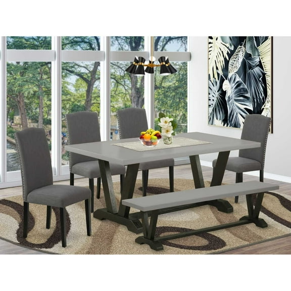 East West Furniture V-Style 7-piece Wood Dining Set in Light Beige