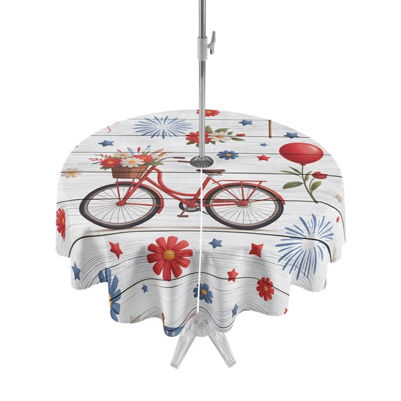 Outdoor Tablecloth with Umbrella Hole Zipper 250 Anniversary Round Tablecloth 60" Waterproof Outside Table Cloth Independence Day Florals Gray Wooden Patio Table Cover Tablecloths for Picnic Party