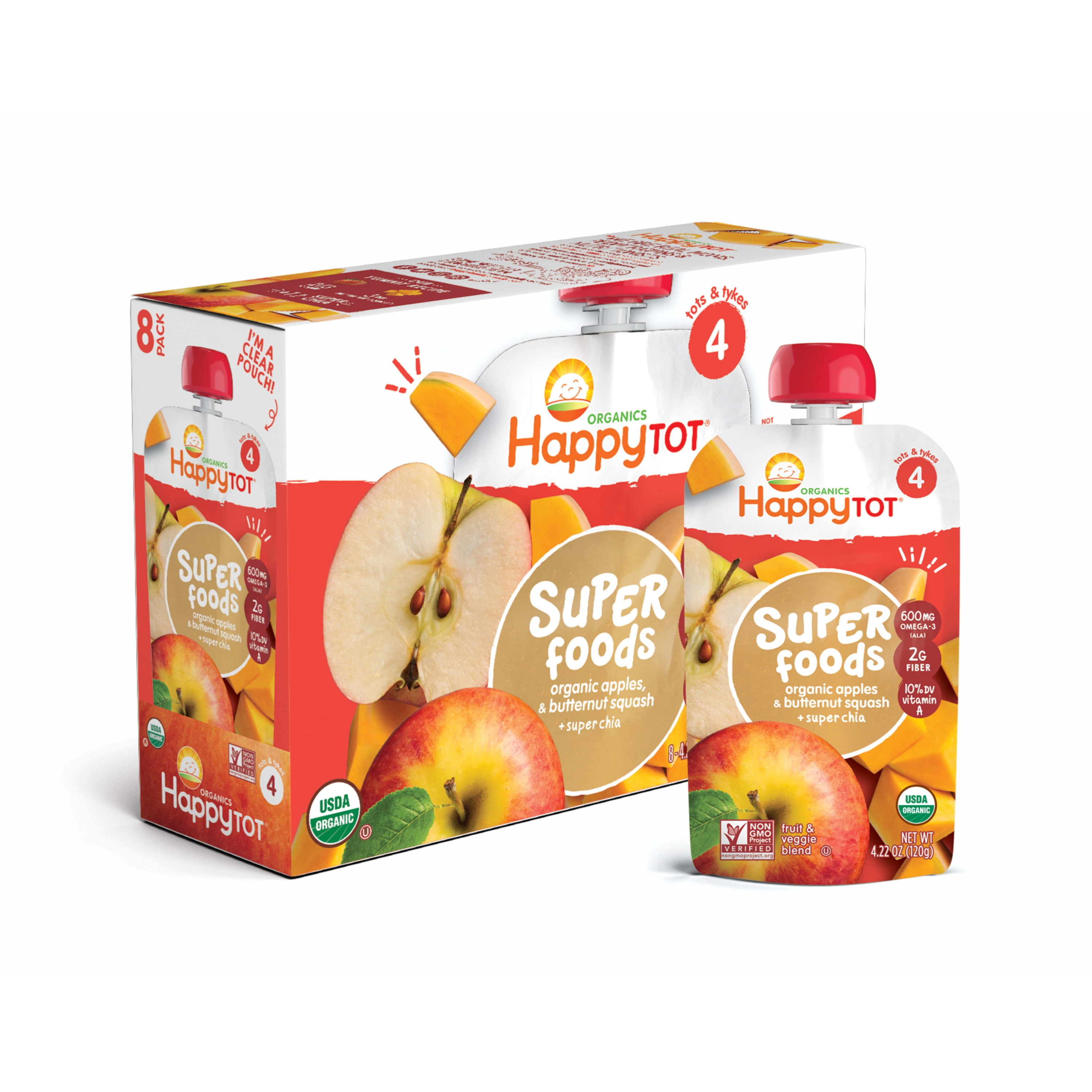 Happy Tot Organics Super Foods Stage 4, Apples Butternut Squash & Super Chia, Organic Tot Food, 4.22 oz Pouch