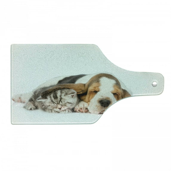 Basset Hound Cutting Board, Photo of Baby Puppy and Kitten Sleeping Together, Decorative Tempered Glass Cutting and Serving Board, in 3 Sizes, by Ambesonne