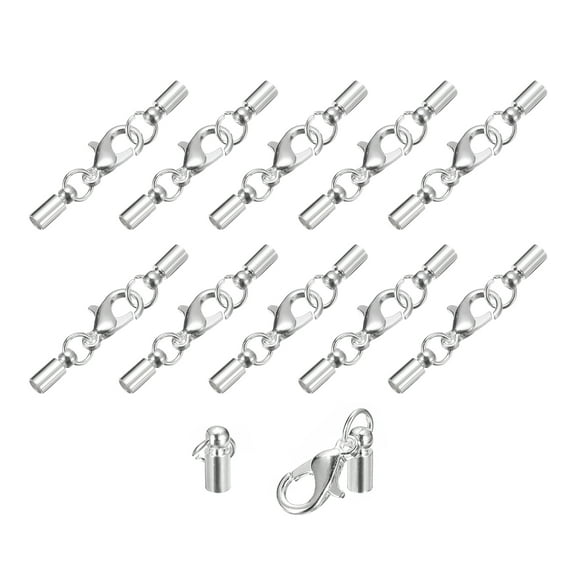 10Sets 3mm Leather Cord End Caps with Lobster Claw Clasps, Barrel Terminators, Silver Tone