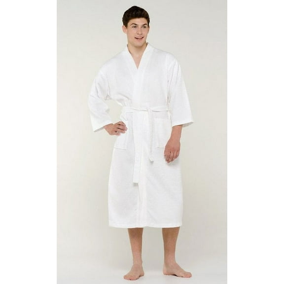 Mens Long Waffle Kimono Lightweight Turkish Cotton Robe, Hotel Spa Bathrobe for Man - Adult - Unisex - White - Small / Medium