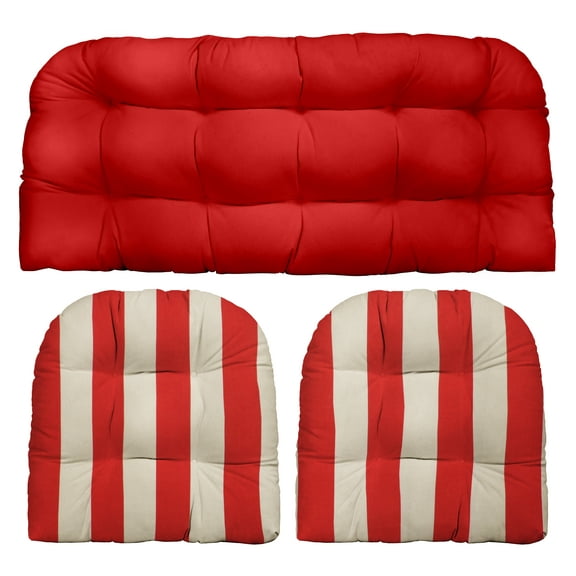 RSH Décor Indoor Outdoor 3 Piece Tufted Wicker Cushion Set, Large, Red   Red & White Stripe
