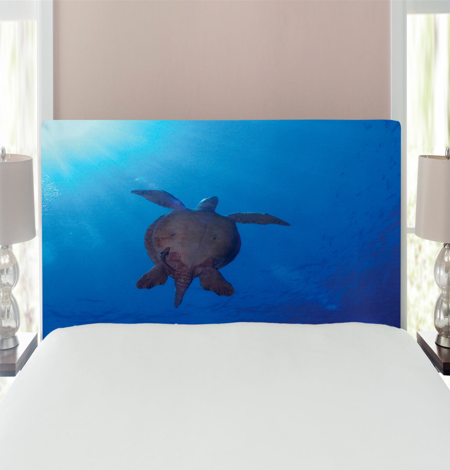 Ocean Headboard, Turtle Swims to the Surface of Deep Sea the Sun Rays ...