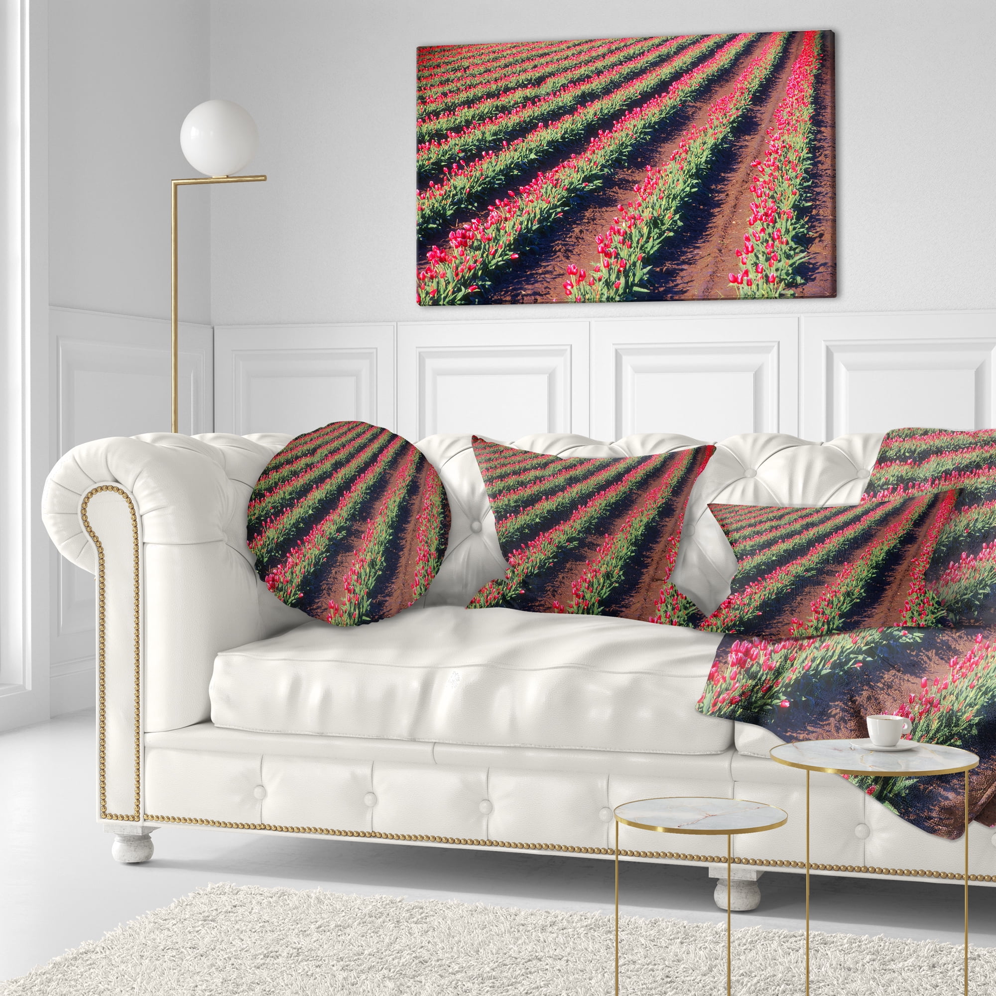 Designart Beautiful Field of Red Tulip Flowers - Landscape Printed Throw Pillow - 12x20