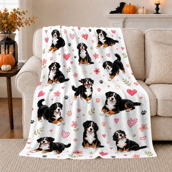 Cheerful Bernese Mountain Dog Pet Themed, Playful Pet Portrait Pattern, Warm Flannel Blanket for Cabin and Lodge, Dog Lovers Friendship Gift, Pet Lover Home Decor