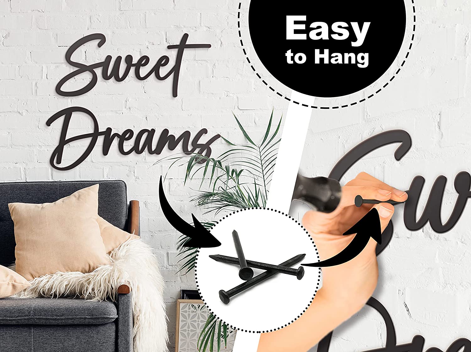 Vivegate Sweet Dreams Metal Sign Wall Art Decor - 35"X8" Black Modern Sweet Dreams Farmhouse Signs for Hanging Above Bed Wall Decor for Bedroom