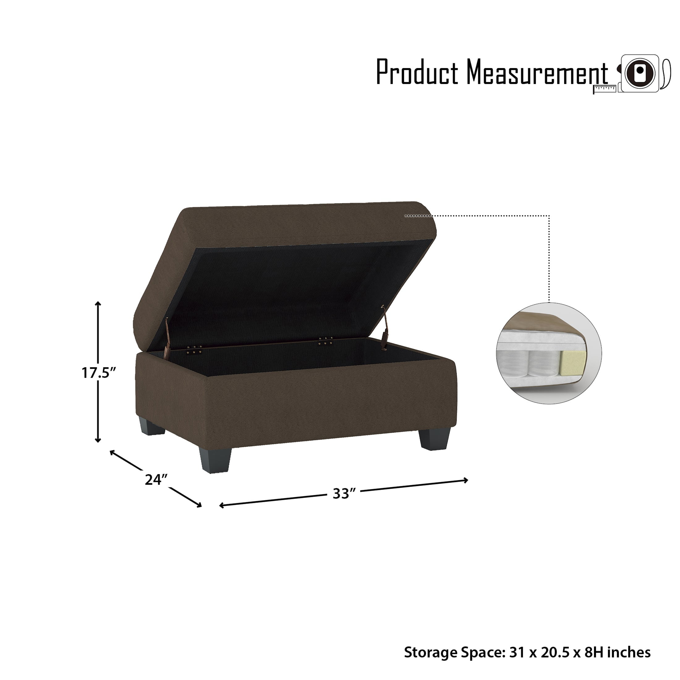 OakvillePark Granby Microfiber Fabric Upholstered Storage Ottoman, Chocolate
