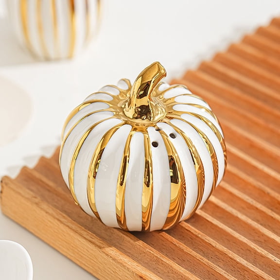 Clearance Under $5 Ceramic Salt and Pepper Shaker – Pumpkin Shaped Spice Dispenser for Fall Decor (White Gold)