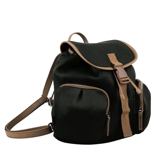 BODHI Drawstring Mini Backpack with cargo double pockets, Black with Brown Trim