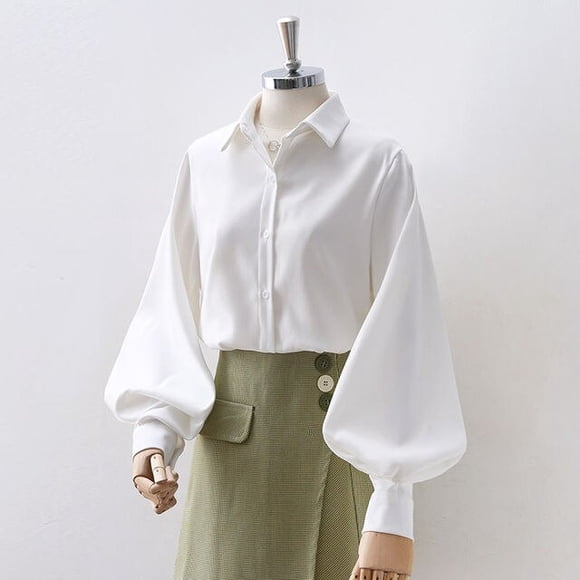 Deeptown Lantern Sleeves Vintage Shirts Women Elegant White Womens Blouse with Lush Sleeves 2022 Fashion Button Up Shirt Black