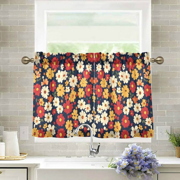 Yayeee Kitchen Curtains Tier Pair Light Filtering 27"x24" Rod Pocket Short Cafe Window Panel, Red Floral
