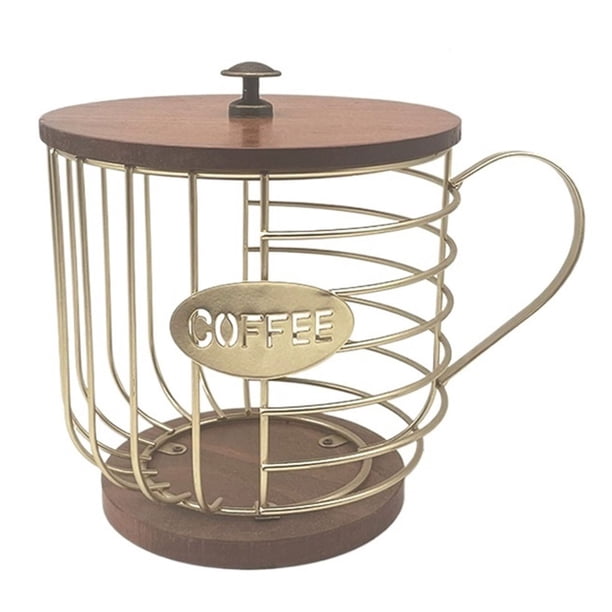 Portavasos K de gran capacidad, organizador de almacenamiento de cápsulas de café, cesta de almacenamiento de hierro con base y tapa de madera