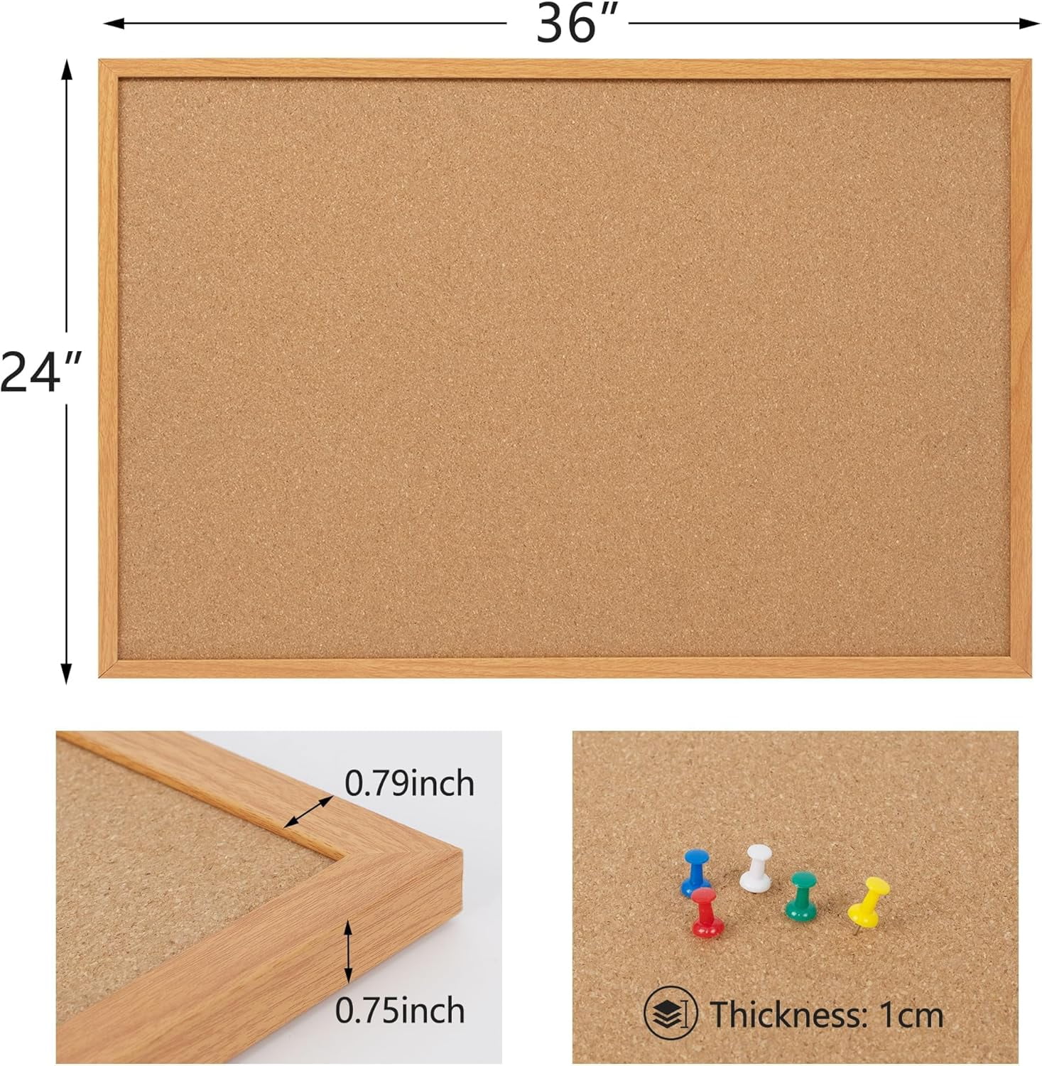 Cork Board Bulletin Board 36 x 24 Inches Cork Notice Pin Board Memo Board with Brown Wooden Frame for Display Home Decor Office Kitchen