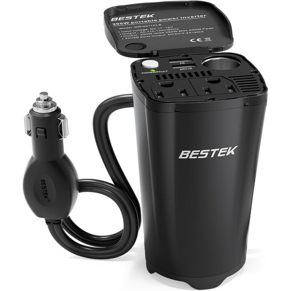 BESTEK 200W Car Power Inverter, Car Plug Adapter Outlet Converter with 2 AC Outlets, Dual 4.5A USB Charging Ports, Cup Holder Car Inverter with Cigarette Lighter Socket for Laptop, Computer