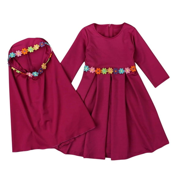 Lindreshi Baby Girl Clothes Girls Long Sleeve Solid Color Round Neck Dress Lace Turban Two Piece Muslim Children's Clothing