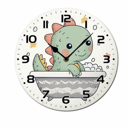 ZXCXRQFa Silent Clocks Cute Baby Dinosaur In Bathtub Wall Clock Silent 10 Inch Round Decorative Battery Operated Non Ticking Wood Quiet Clocks for Bedroom Office School Home