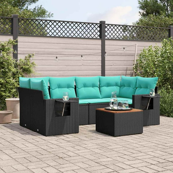 vidaXL 7 Piece Patio Sofa Set with Cushions Black Poly Rattan