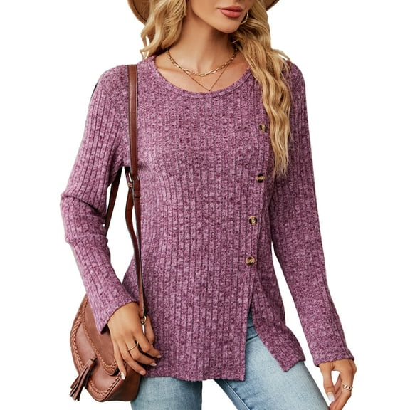SHIBEVER Women Long Sleeve Shirts Casual Fall Knit Tunic Tops Side Split Crewneck Loose Fit Blouses with Side Button Size L