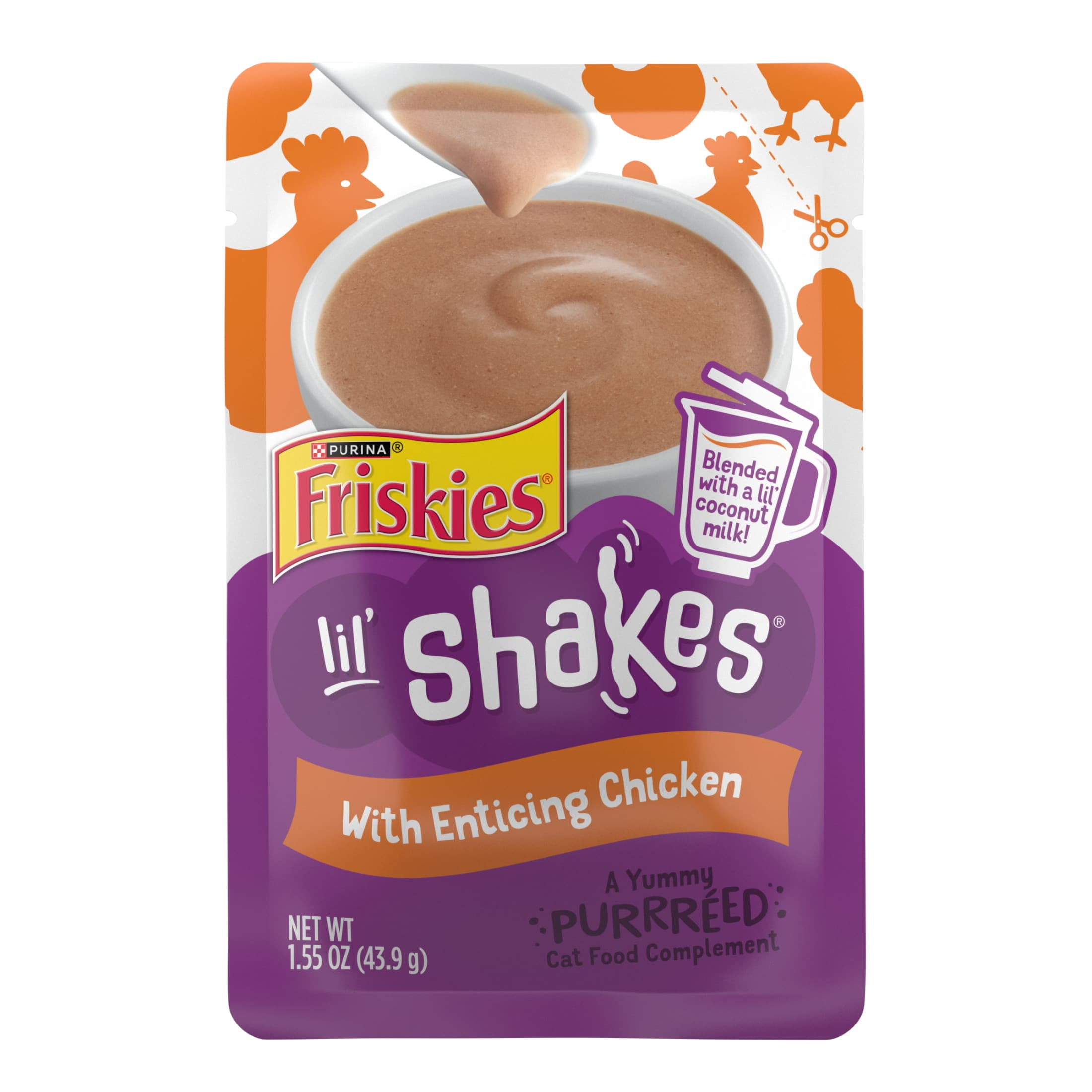 (12 pack) Purina Friskies Pureed Cat Food Toppers, Lil’ Shakes with Enticing Chicken Lickable Cat Treats, 1.55 oz Pouch