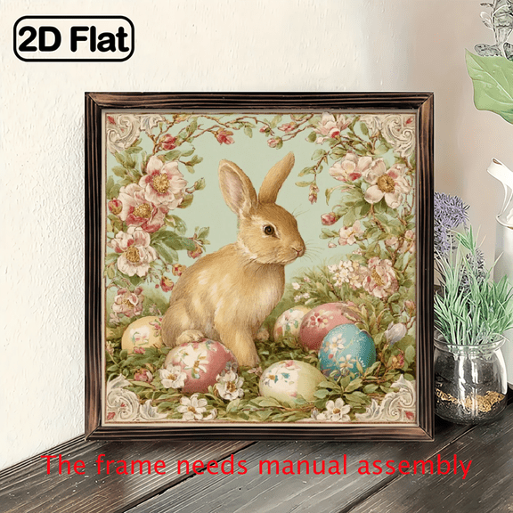 Vintage Farmhouse Wooden Framed Wall Art - 8x8 in Rustic Floral Bunny Easter Eggs Sign, Reusable Spring Home Decor for Living Room, Office, Store.