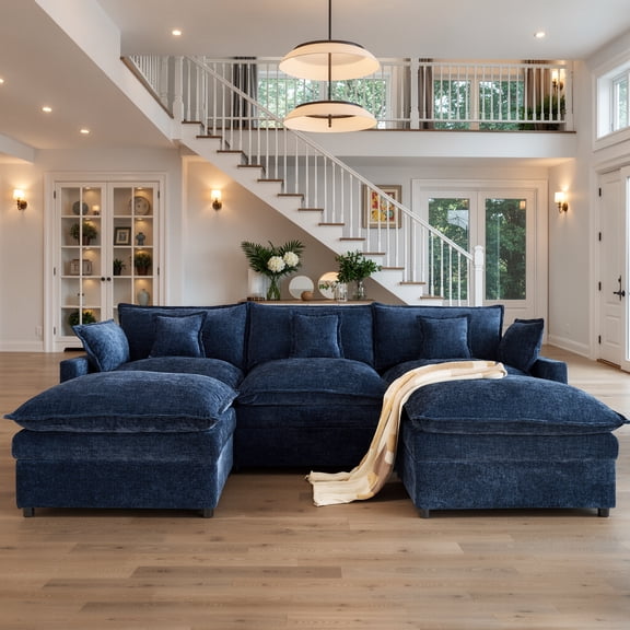 Ovios 108" Modular Sectional Sofa U-Shaped Cloud Couch with 2 Ottomans, Comfy Living Room Furniture, Chenille, Dark Blue