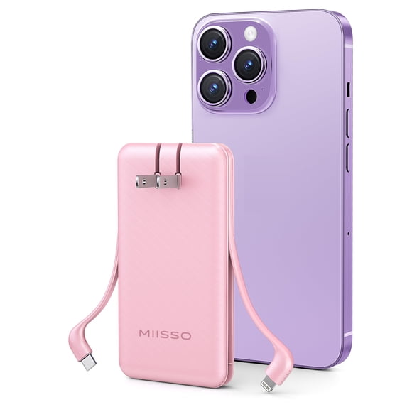 Ultra Slim 10000mAh Power Bank Built-in Cables and Foldable AC Wall Plug, Pocket Size USB C Portable Charger, External Battery Pack Compatible with i