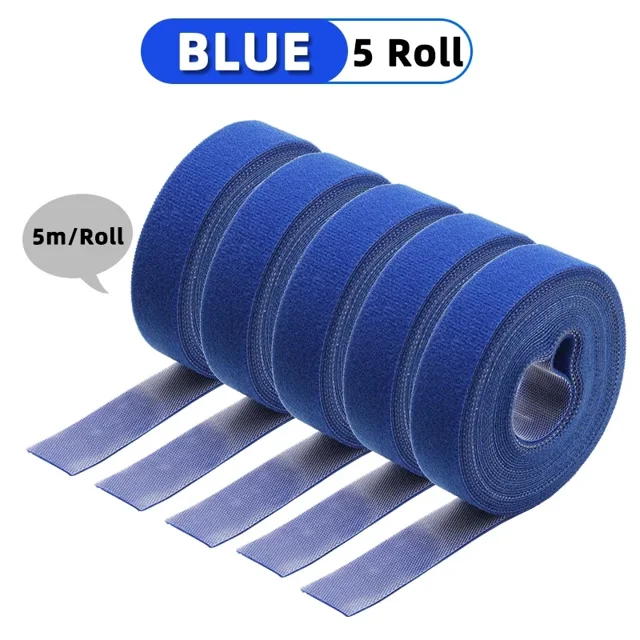 5m/roll Cable Ties Reusable Loop Bundle Self Adhesive Fastener DIY Accessories Nylon Strap Organizer Clip Wire Holder Management Blue x 5 rolls Width 25mm