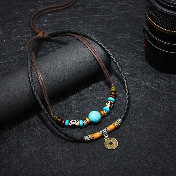 SmartBy Men Multilayer Faux Turquoise Bead Coin Pendant Choker Necklace Jewelry Gift