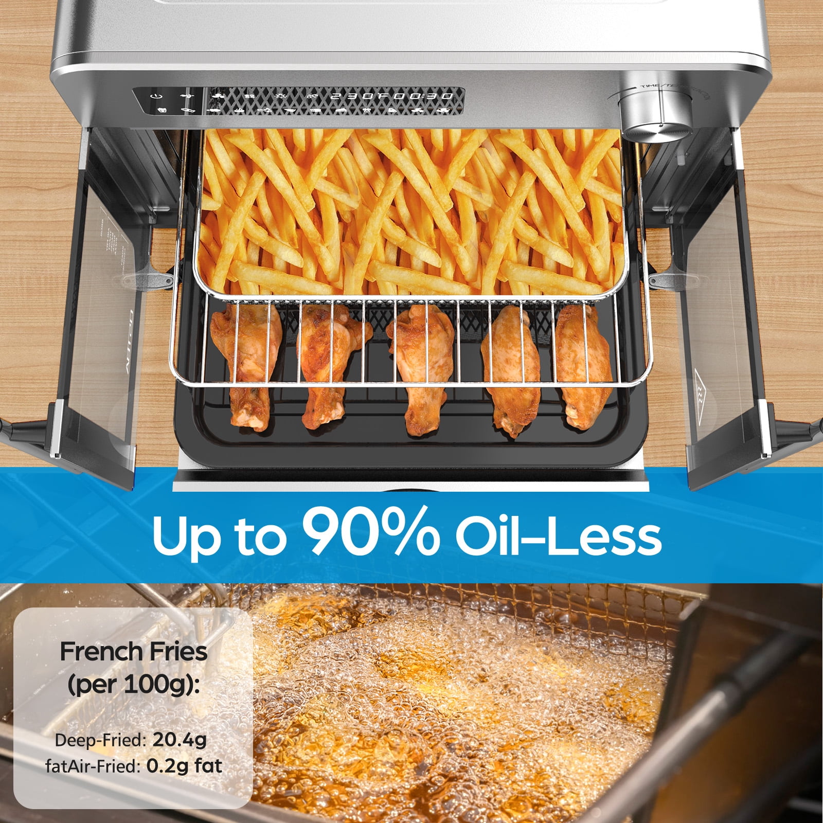 OSTBA 10‑in‑1 French Door Air Fryer Toaster Oven Combo, 24QT Countertop Convection Oven with 102 Recipes & 7 Accessories, 30% Faster Cooking, 90% Less Oil, Stainless Steel